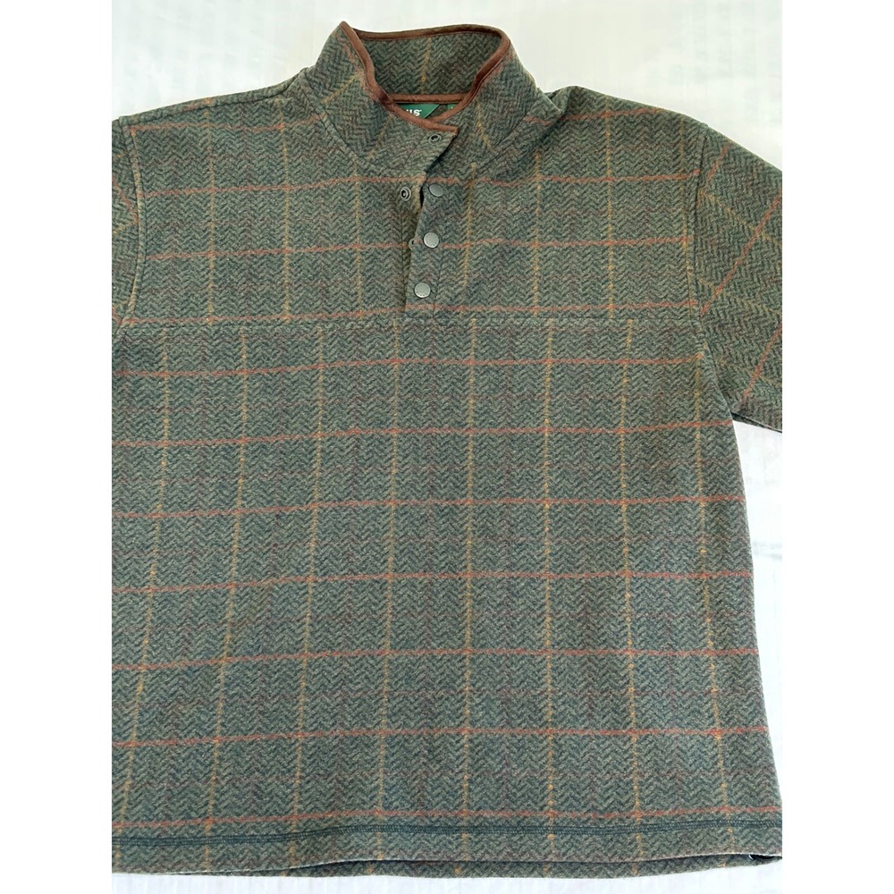 Orvis Mens Green Herringbone Plaid Snap Neck Pullover Fleece Jacket Large